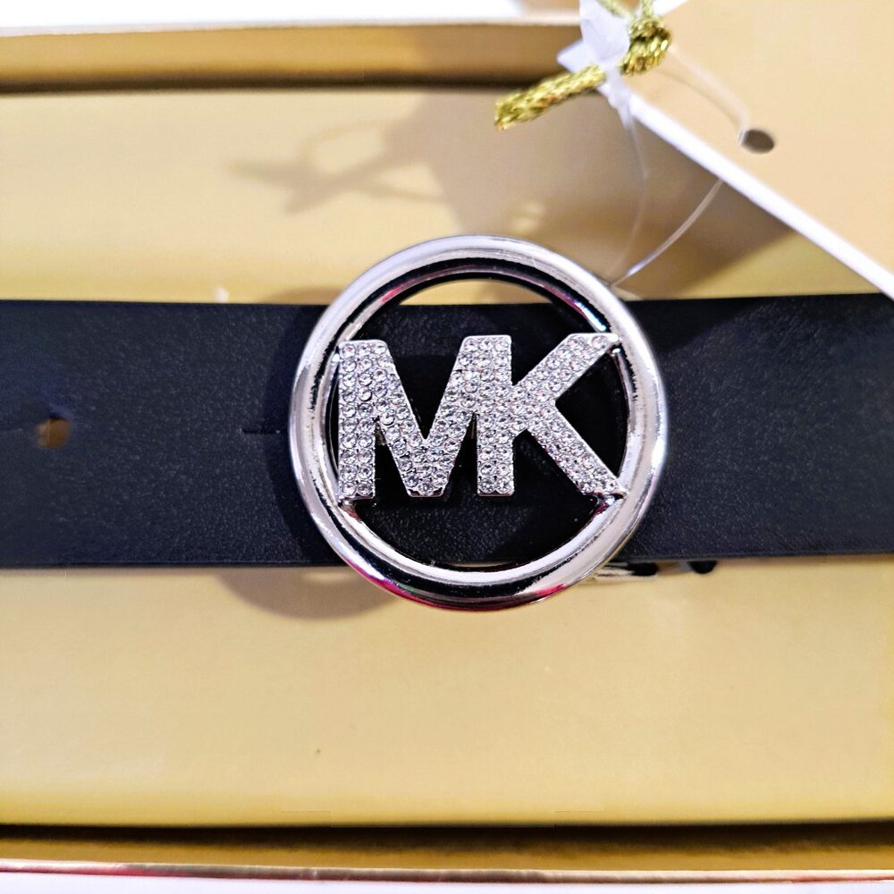 Michael Kors Women’s Black 25MM S/M Rhinestone Pave Logo Belt NWT - Picture 2 of 11